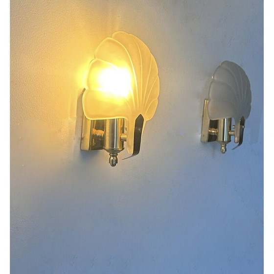 Image 1 of Pair of vintage shell wall lamp in sandblasted glass and brass, France 1970
