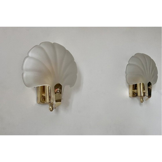 Image 1 of Pair of vintage shell wall lamp in sandblasted glass and brass, France 1970