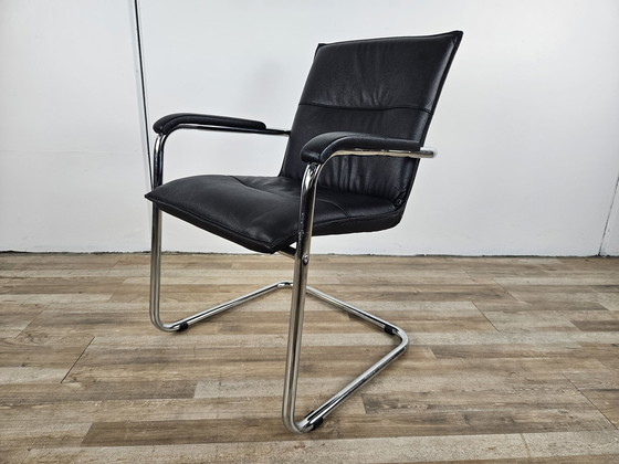 Image 1 of 70S Armchair In Tubular Steel And Black Eco-Leather