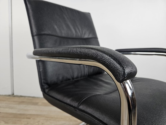 Image 1 of 70S Armchair In Tubular Steel And Black Eco-Leather