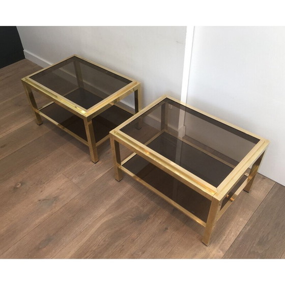 Image 1 of Pair of vintage brass and glass sofa ends, 1970