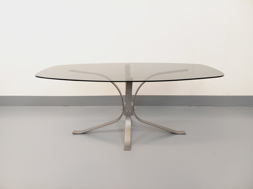 Vintage 70's Oval Rectangular Round Coffee Table In Glass And Chrome Metal