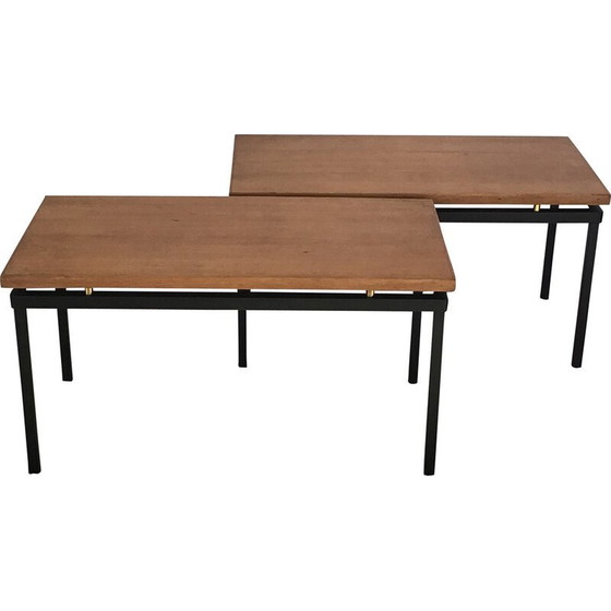 Image 1 of Pair of vintage tables in light oak and brass by Jacques Whittier for Tubauto, 1950