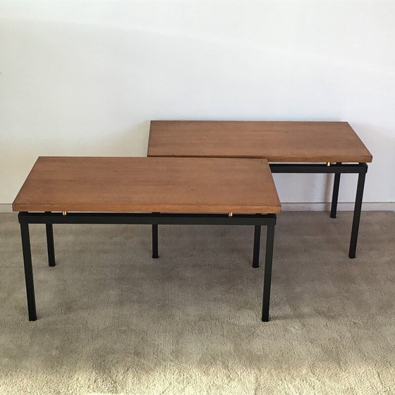 Image 1 of Pair of vintage tables in light oak and brass by Jacques Whittier for Tubauto, 1950