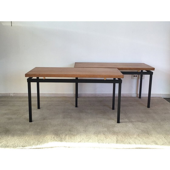 Image 1 of Pair of vintage tables in light oak and brass by Jacques Whittier for Tubauto, 1950