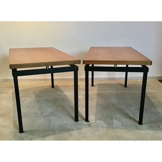 Image 1 of Pair of vintage tables in light oak and brass by Jacques Whittier for Tubauto, 1950