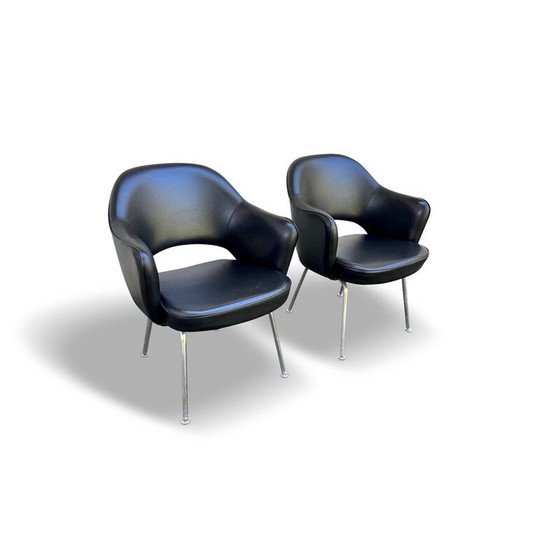 Image 1 of Pair of vintage "Conference" armchairs in black leatherette and chrome by Eero Saarinen for Knoll International