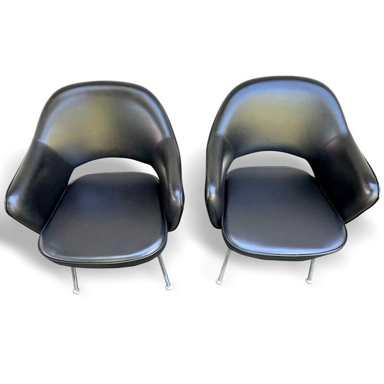 Image 1 of Pair of vintage "Conference" armchairs in black leatherette and chrome by Eero Saarinen for Knoll International
