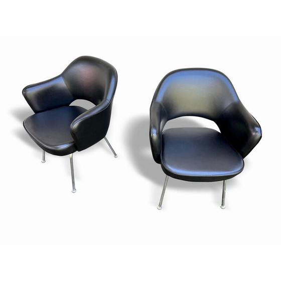 Image 1 of Pair of vintage "Conference" armchairs in black leatherette and chrome by Eero Saarinen for Knoll International