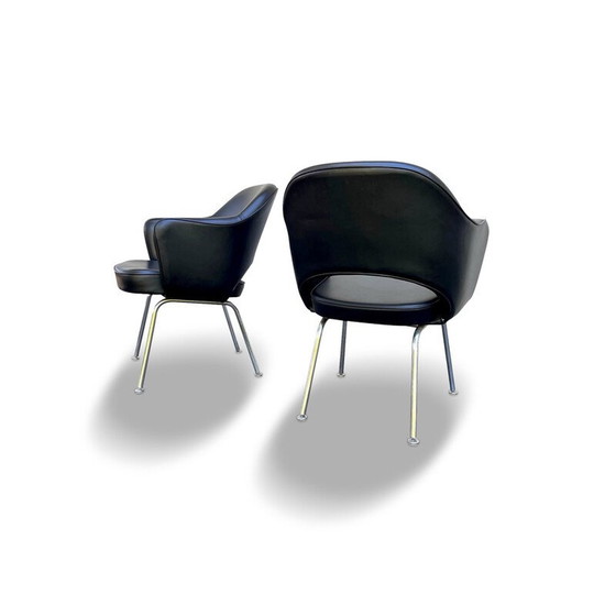 Image 1 of Pair of vintage "Conference" armchairs in black leatherette and chrome by Eero Saarinen for Knoll International