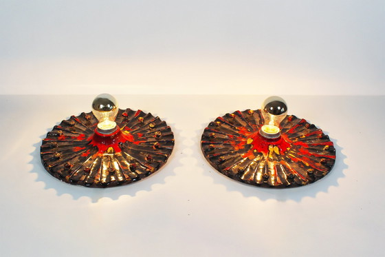 Image 1 of 2X Vintage Brutalist Ceramic Discus Wall Sconces, Germany 1960'S
