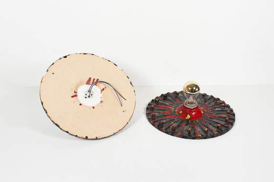 Image 1 of 2X Vintage Brutalist Ceramic Discus Wall Sconces, Germany 1960'S