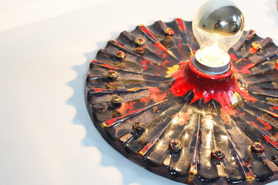 Image 1 of 2X Vintage Brutalist Ceramic Discus Wall Sconces, Germany 1960'S