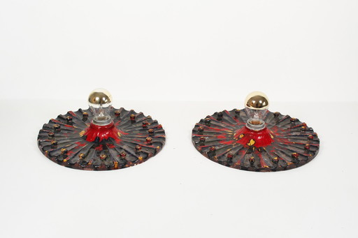 2X Vintage Brutalist Ceramic Discus Wall Sconces, Germany 1960'S