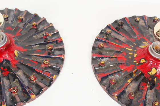 Image 1 of 2X Vintage Brutalist Ceramic Discus Wall Sconces, Germany 1960'S