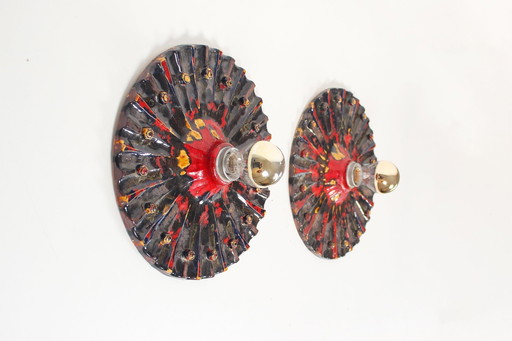 2X Vintage Brutalist Ceramic Discus Wall Sconces, Germany 1960'S