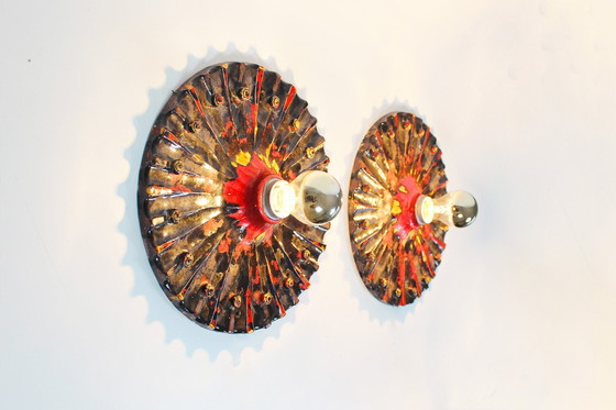 Image 1 of 2X Vintage Brutalist Ceramic Discus Wall Sconces, Germany 1960'S