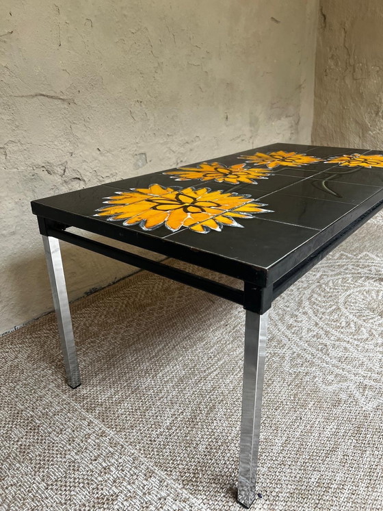 Image 1 of 1970s Design Coffee Table Metal Frame Ceramic Tiles "Sunflower"