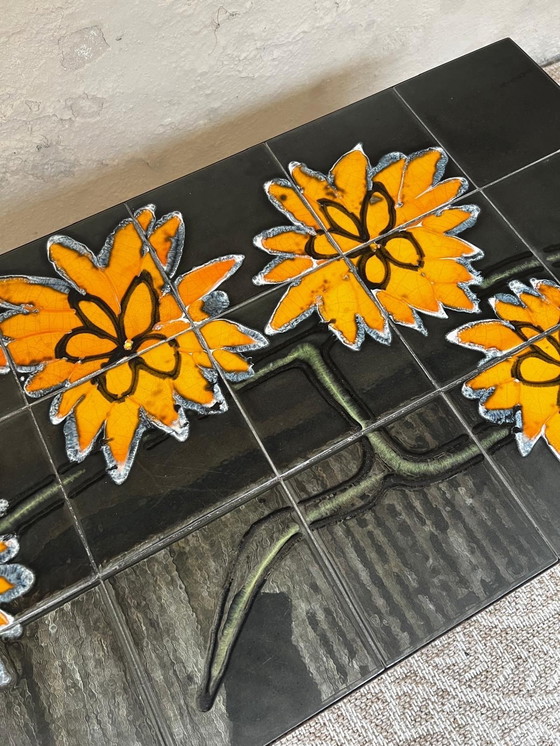 Image 1 of 1970s Design Coffee Table Metal Frame Ceramic Tiles "Sunflower"