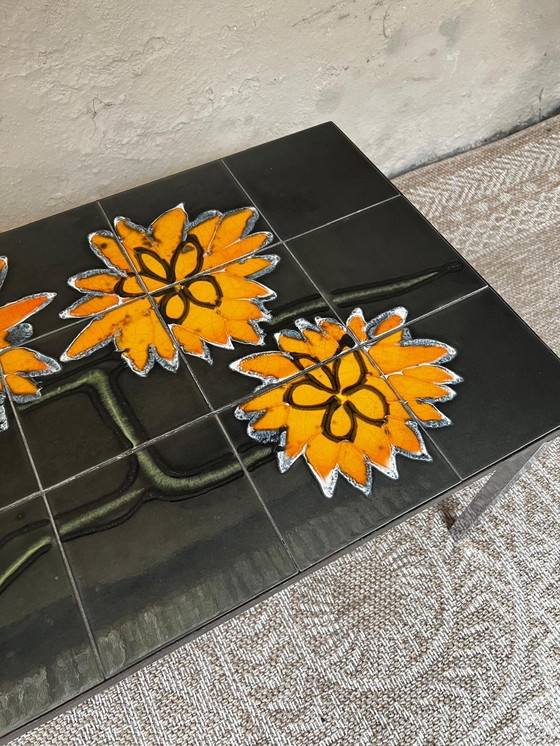 Image 1 of 1970s Design Coffee Table Metal Frame Ceramic Tiles "Sunflower"