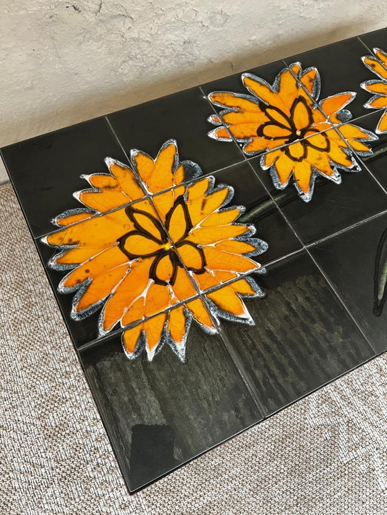 Image 1 of 1970s Design Coffee Table Metal Frame Ceramic Tiles "Sunflower"