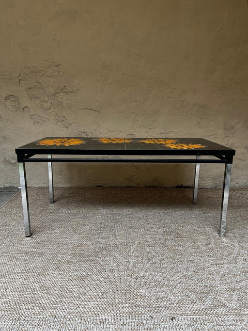 1970s Design Coffee Table Metal Frame Ceramic Tiles "Sunflower"