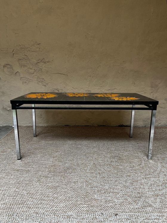 Image 1 of 1970s Design Coffee Table Metal Frame Ceramic Tiles "Sunflower"