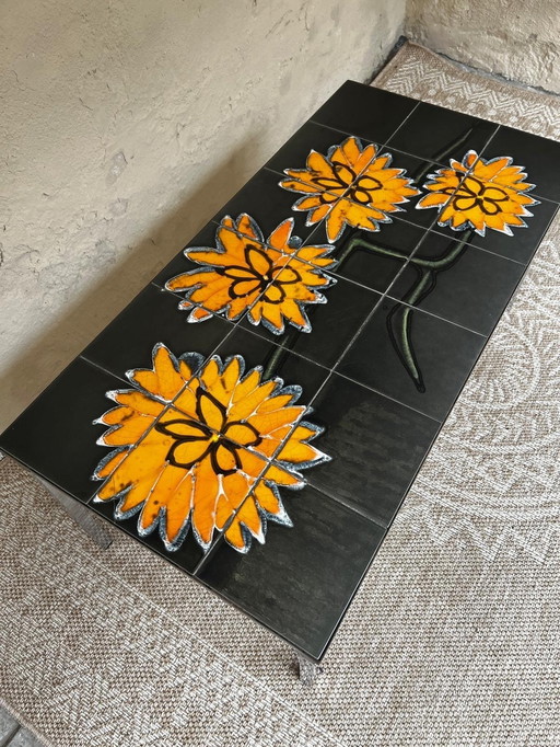 1970s Design Coffee Table Metal Frame Ceramic Tiles "Sunflower"