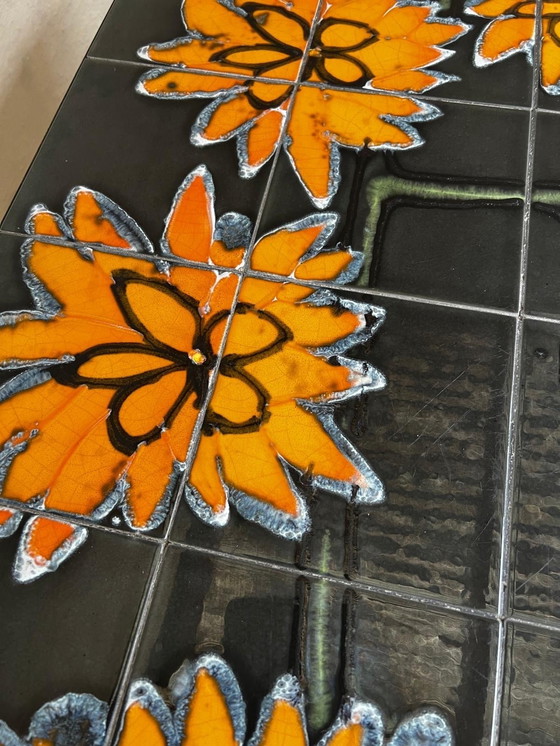 Image 1 of 1970s Design Coffee Table Metal Frame Ceramic Tiles "Sunflower"