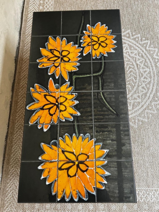 Image 1 of 1970s Design Coffee Table Metal Frame Ceramic Tiles "Sunflower"