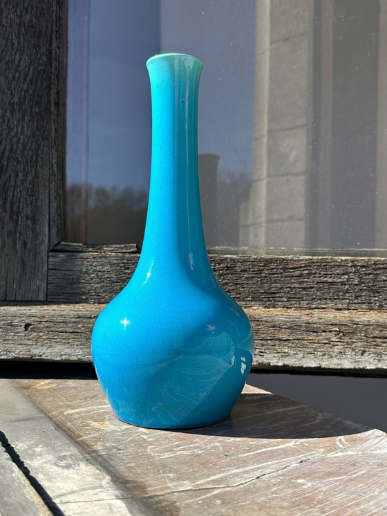 Image 1 of Turquoise Crackle Glaze Vase By Burmantofts, 1910S