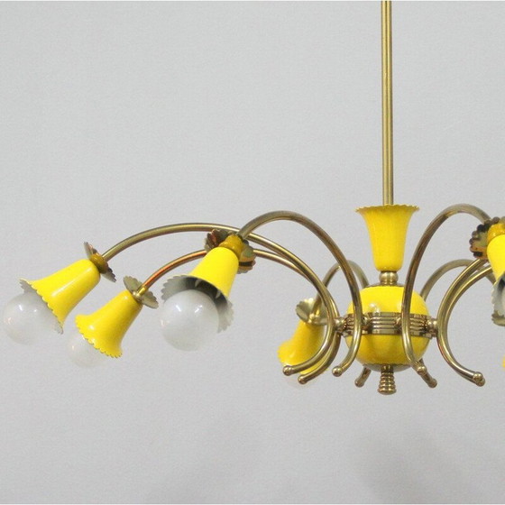 Image 1 of Vintage brass and yellow lacquered metal chandelier, Italy 1950