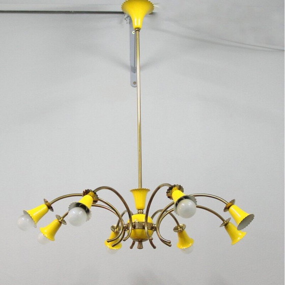 Image 1 of Vintage brass and yellow lacquered metal chandelier, Italy 1950