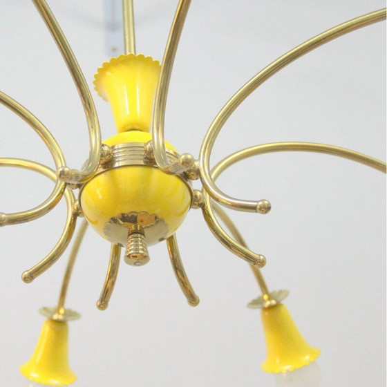 Image 1 of Vintage brass and yellow lacquered metal chandelier, Italy 1950