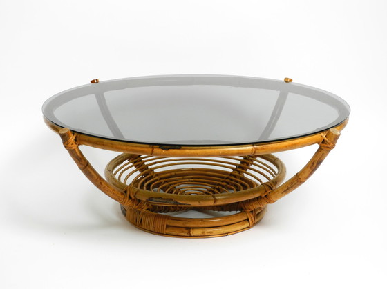 Image 1 of Beautiful 1970s large Italian coffee table made of bamboo and original smoked glass top |  Ø 102 cm | 40.2"