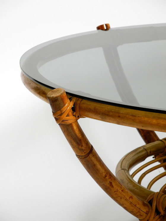 Image 1 of Beautiful 1970s large Italian coffee table made of bamboo and original smoked glass top |  Ø 102 cm | 40.2"