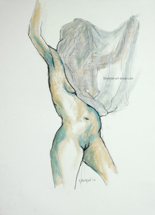 Roland Henrion- Drawing of standing female nude with veil