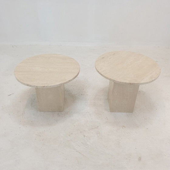Image 1 of Pair of vintage Italian travertine side tables, 1980s
