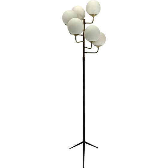 Image 1 of Vintage brass and opaline glass 6-arm floor lamp for Stilnovo, Italy 1950