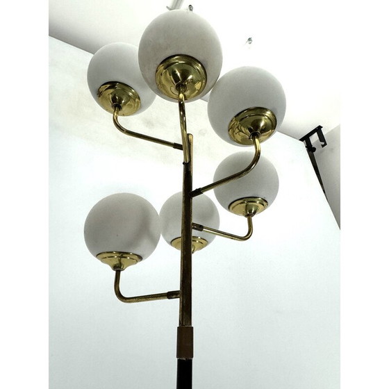Image 1 of Vintage brass and opaline glass 6-arm floor lamp for Stilnovo, Italy 1950