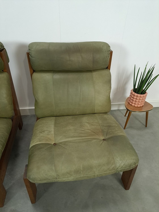 Image 1 of Green Leather Chair With Oak Wood