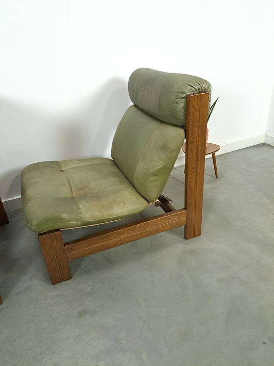 Image 1 of Green Leather Chair With Oak Wood