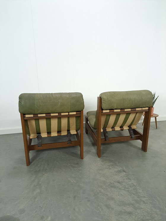 Image 1 of Green Leather Chair With Oak Wood