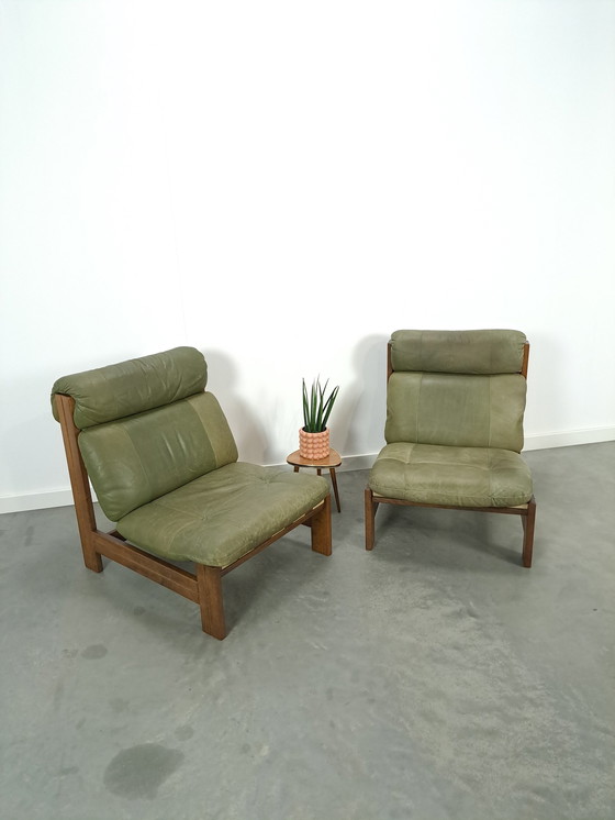 Image 1 of Green Leather Chair With Oak Wood