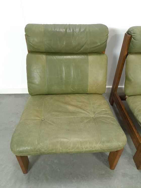 Image 1 of Green Leather Chair With Oak Wood