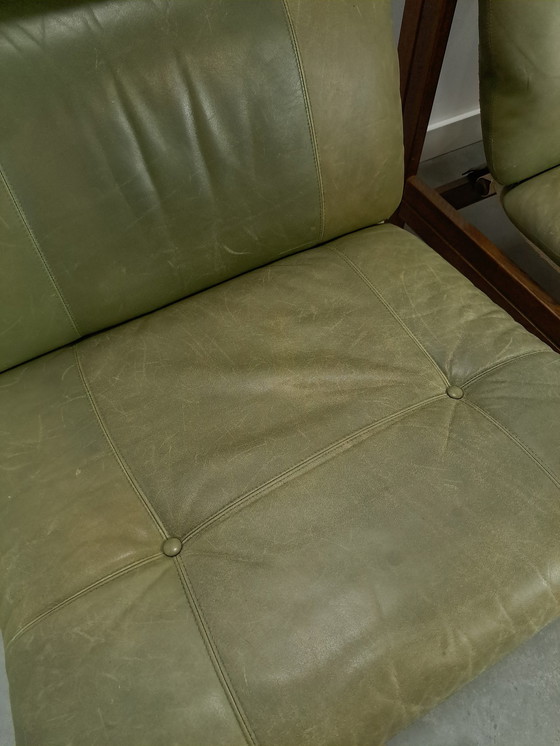 Image 1 of Green Leather Chair With Oak Wood