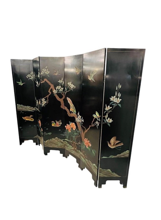 Image 1 of  Screen With 6 Panels In Lacquered And Carved Wood - Double-Sided Decorations - China - Circa 1950