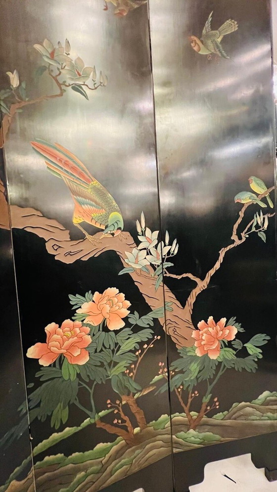 Image 1 of  Screen With 6 Panels In Lacquered And Carved Wood - Double-Sided Decorations - China - Circa 1950