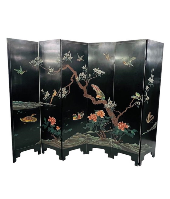 Image 1 of  Screen With 6 Panels In Lacquered And Carved Wood - Double-Sided Decorations - China - Circa 1950