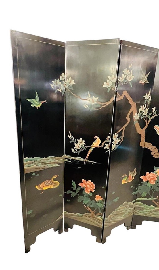 Image 1 of  Screen With 6 Panels In Lacquered And Carved Wood - Double-Sided Decorations - China - Circa 1950